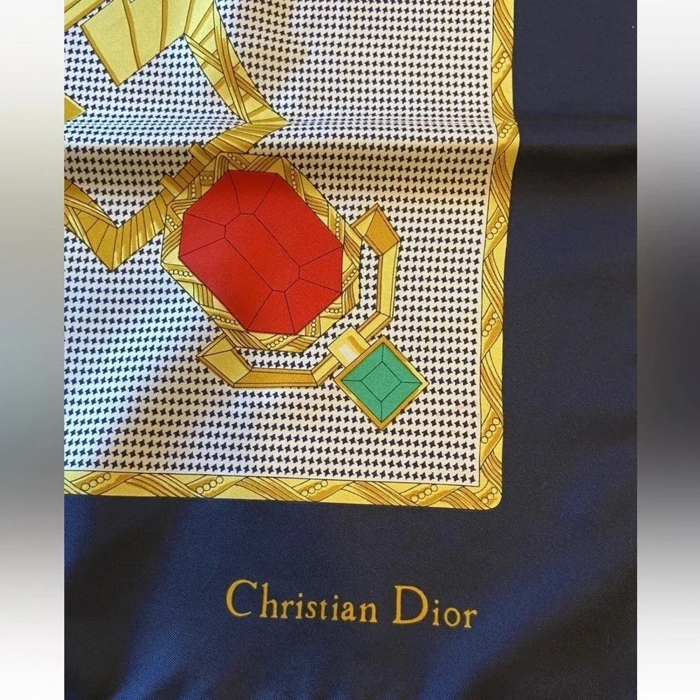 Christian Dior vintage Silk Scarf CD logo polka dot jewels RARE